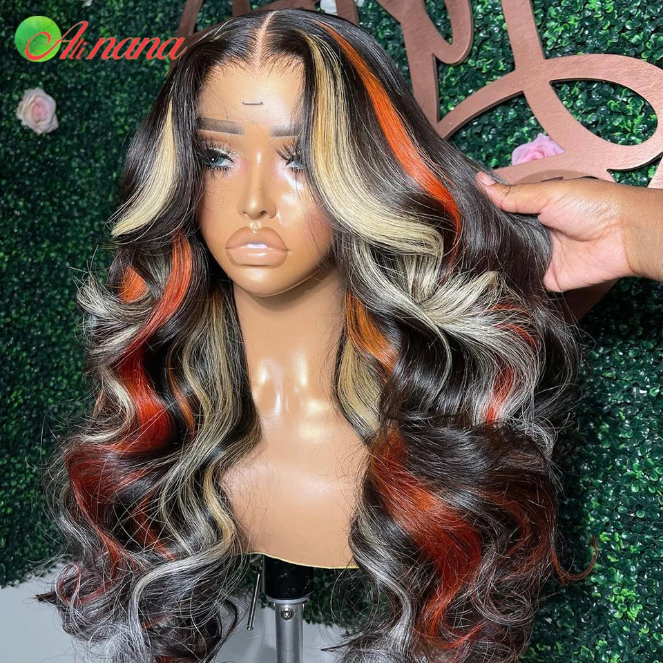 Highlights Orange Blonde Colored Straight Body Wave Human Hair Wig