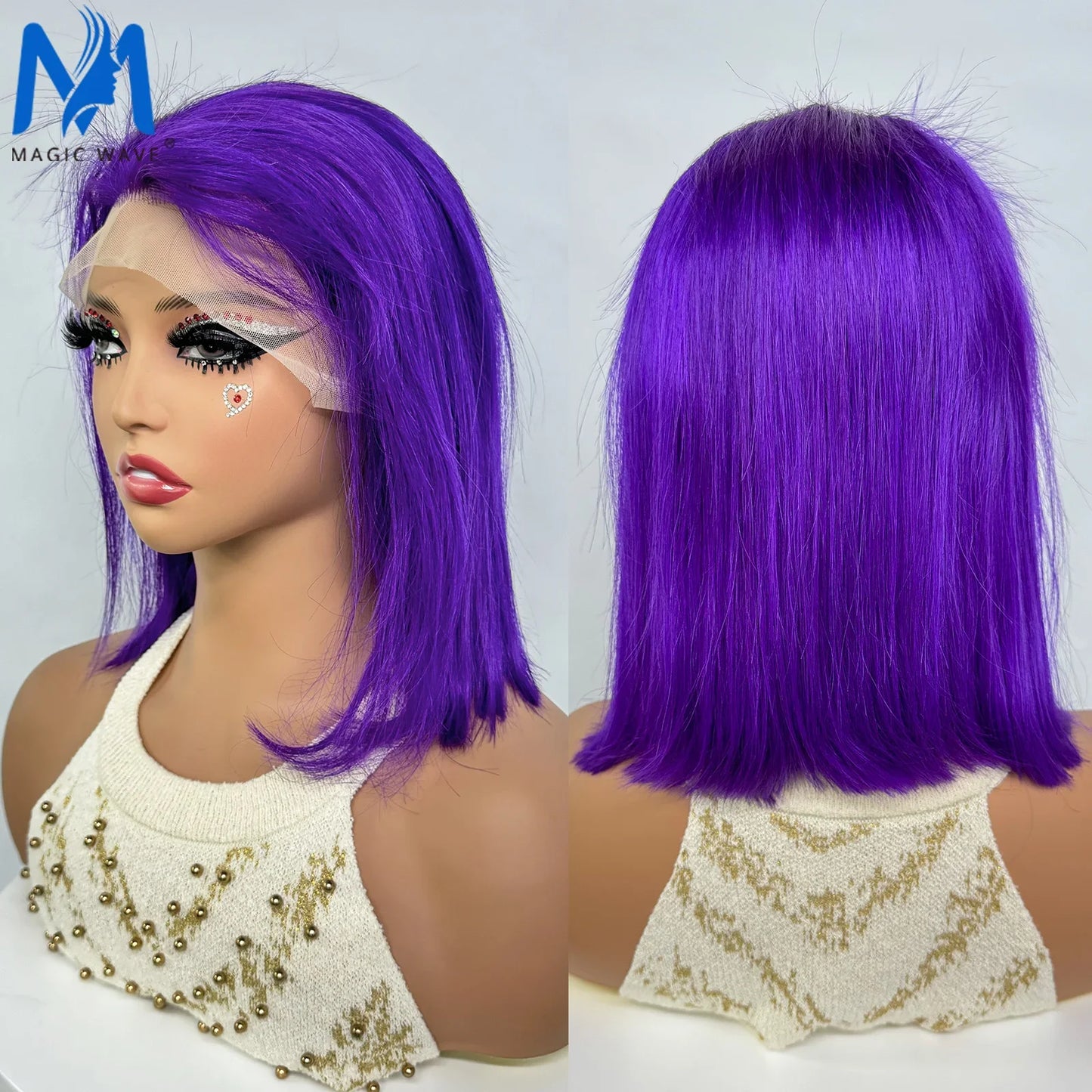 Purple Green Colored Straight Bob Human Hair Wigs for Women 13x4 Lace