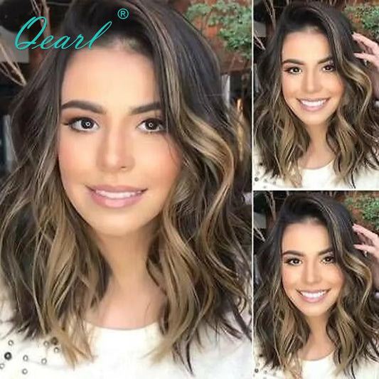 Ombre Short Bob Wavy Human Hair Lace Front Wigs HD Invisible 13X4 Lace