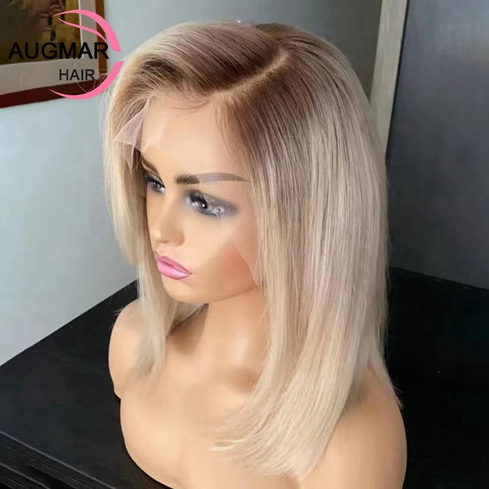 Pre Plucked 13x6 Blonde Lace Front Wig Human Hair Ombre Straight Short