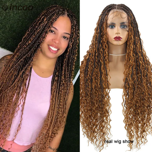 Long 32 Boho Braided Full Lace Front Wigs 613 Blonde Curly Goddess