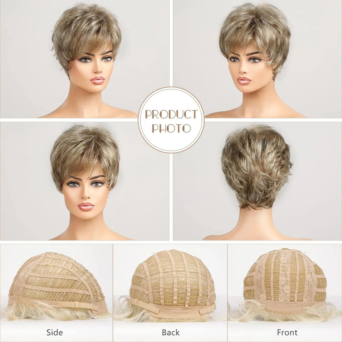 Light Blonde Mixed Off-White Short Pixie Cut Wigs for Women With Bangs