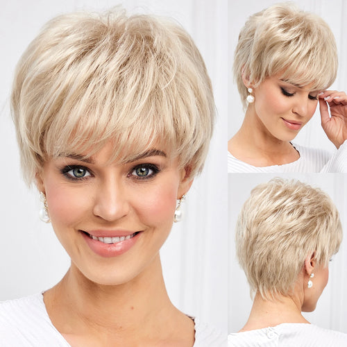 Light Blonde Mixed Off-White Short Pixie Cut Wigs for Women With Bangs