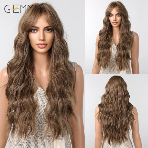 Long Wavy Light Ash Blonde Synthetic Wigs with Bangs for Women Natural