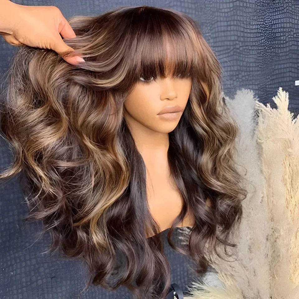 180D Highlight Body Wave Human Hair Wig With Bangs Wear To Go Ombre