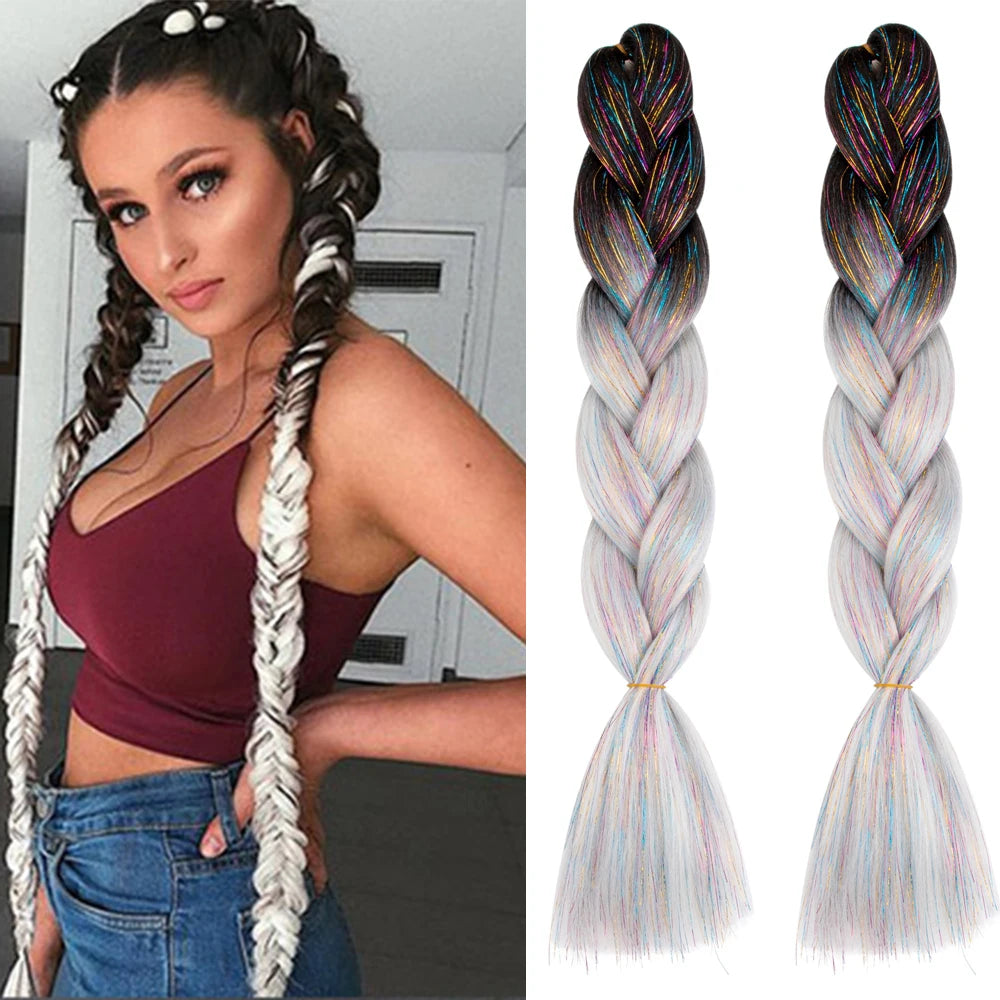 Synthetic Ombre 24inch Glitter Jumbo Braids Extensions Sparkle Rainbow