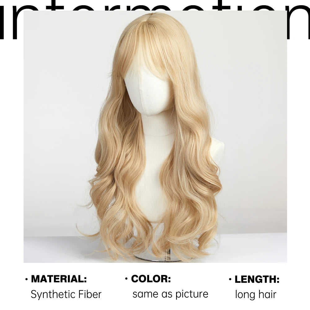 Long Wavy Light Ash Blonde Synthetic Wigs with Bangs for Women Natural