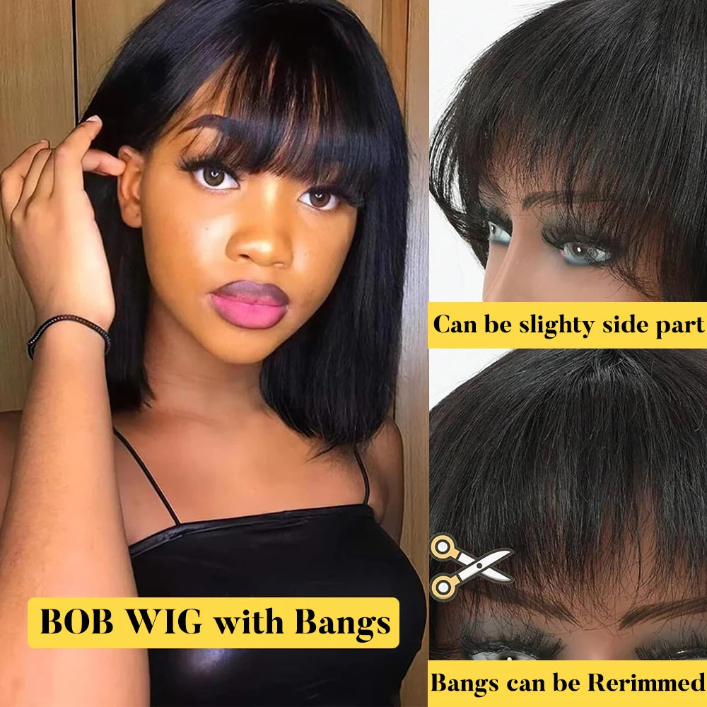 Short Bob Wig with Bangs Straight Human Hair Bob with Bangs Wig Human