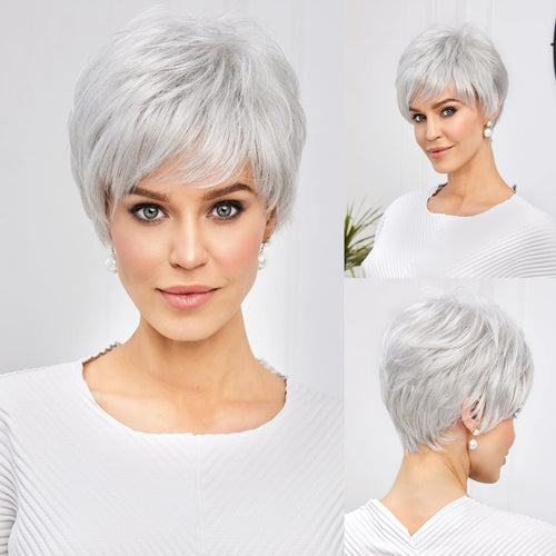 Light Blonde Mixed Off-White Short Pixie Cut Wigs for Women With Bangs