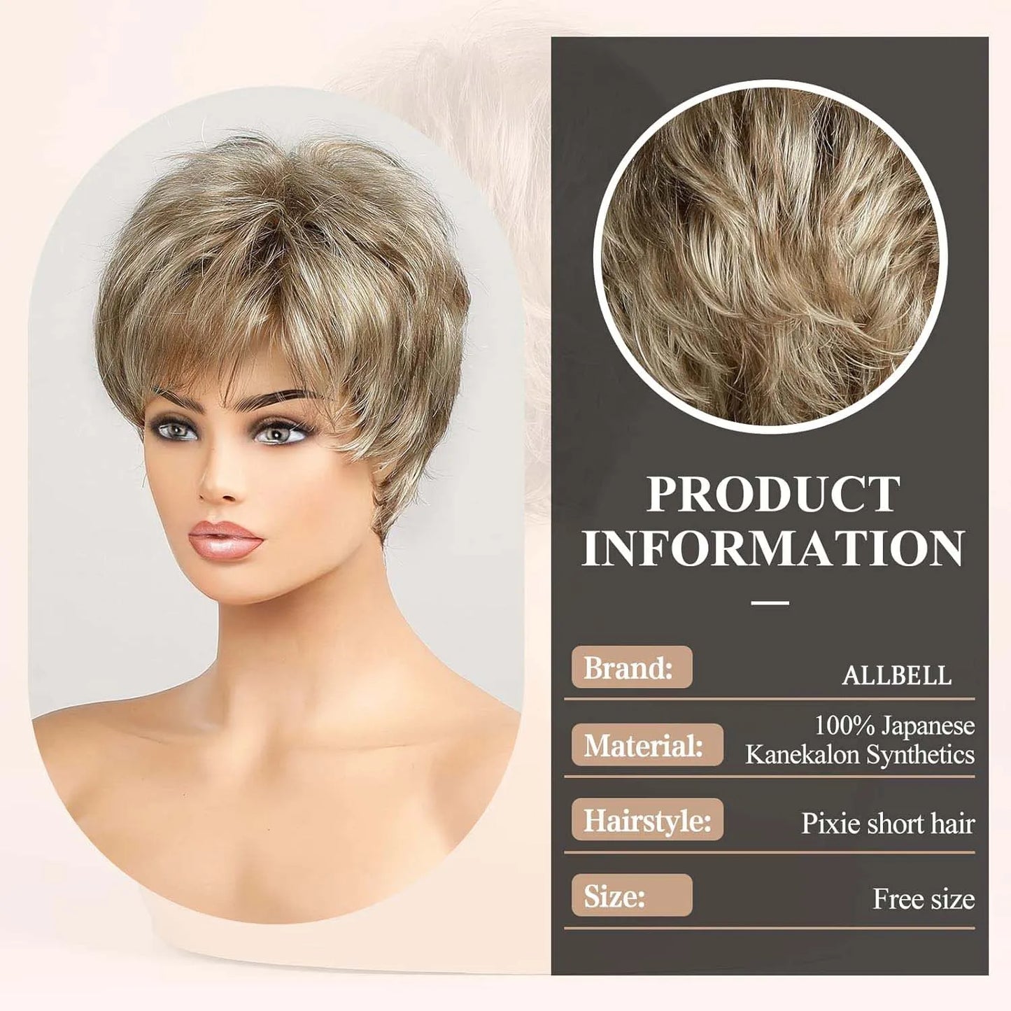 Light Blonde Mixed Off-White Short Pixie Cut Wigs for Women With Bangs