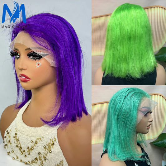 Purple Green Colored Straight Bob Human Hair Wigs for Women 13x4 Lace