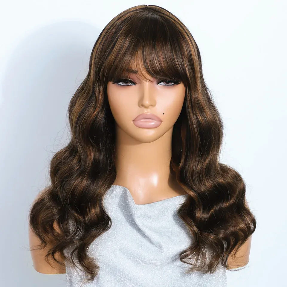 180D Highlight Body Wave Human Hair Wig With Bangs Wear To Go Ombre