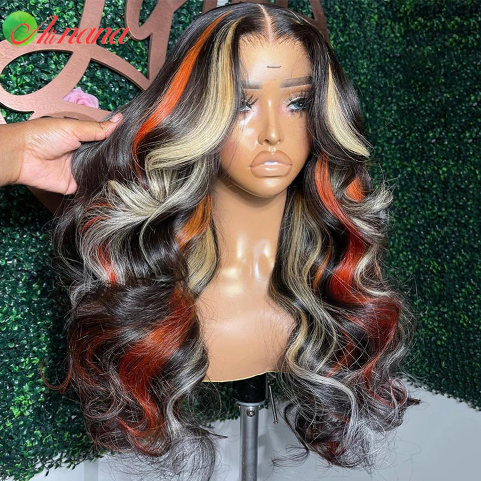 Highlights Orange Blonde Colored Straight Body Wave Human Hair Wig