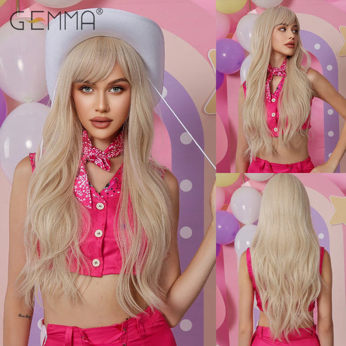 Synthetic Pink Platinum Blonde Cosplay Wig With Bangs Long Wavy