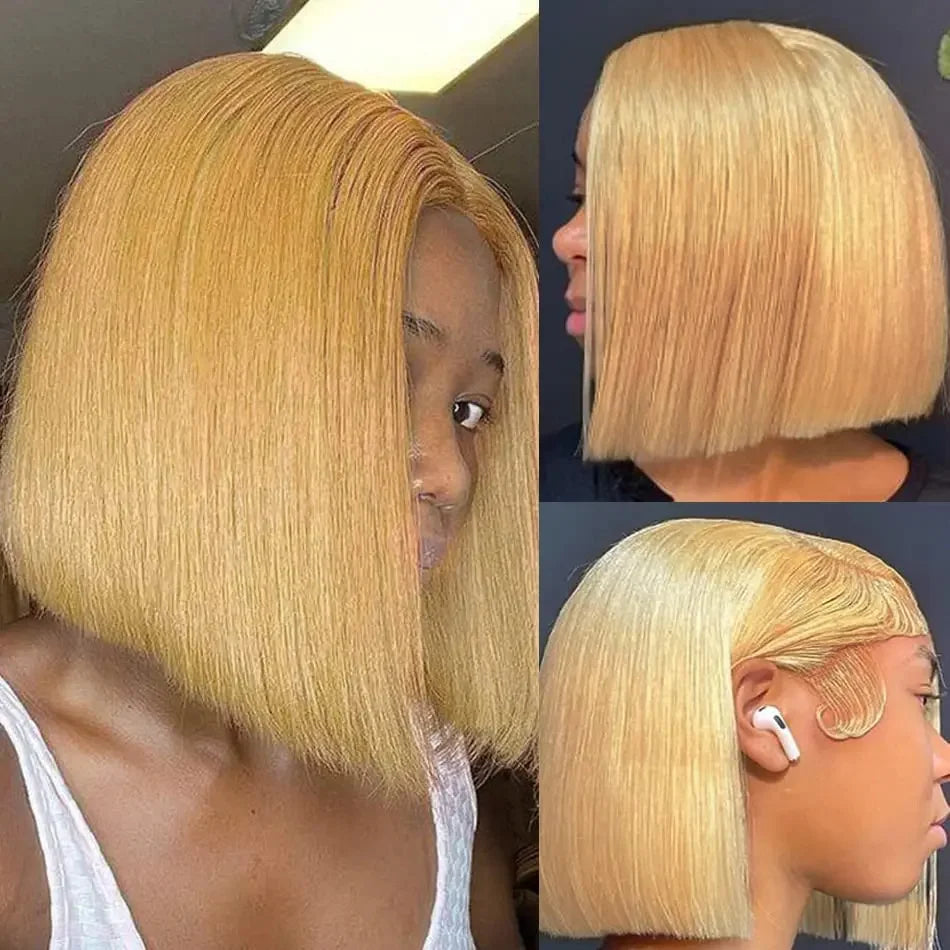 200% Double Drawn #27 Honey Blonde Colored Short Bob Human Hair Wigs