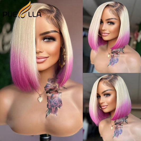 Ombre Honey Blonde Colored Short Bob 13x4 Lace Front Wig Remy Human