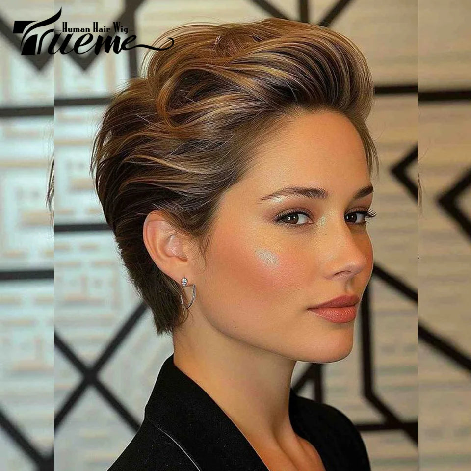 Short Highlight Pixie Human Hair Wig Brazilian Lace Front Human Hair