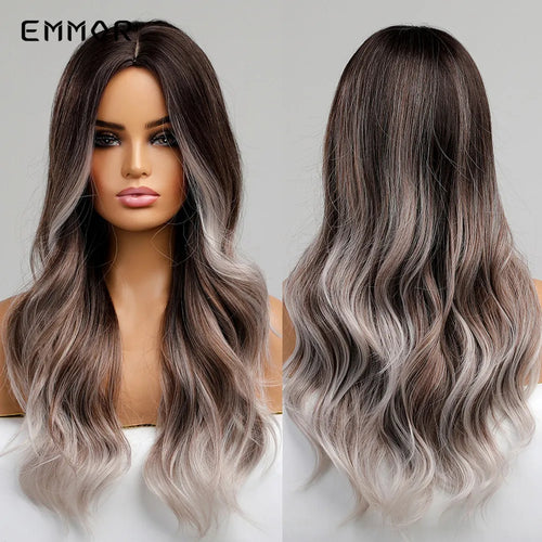 Emmor Ombre Black to Light Blonde Hair Wig Synthetic Long Wavy Wigs