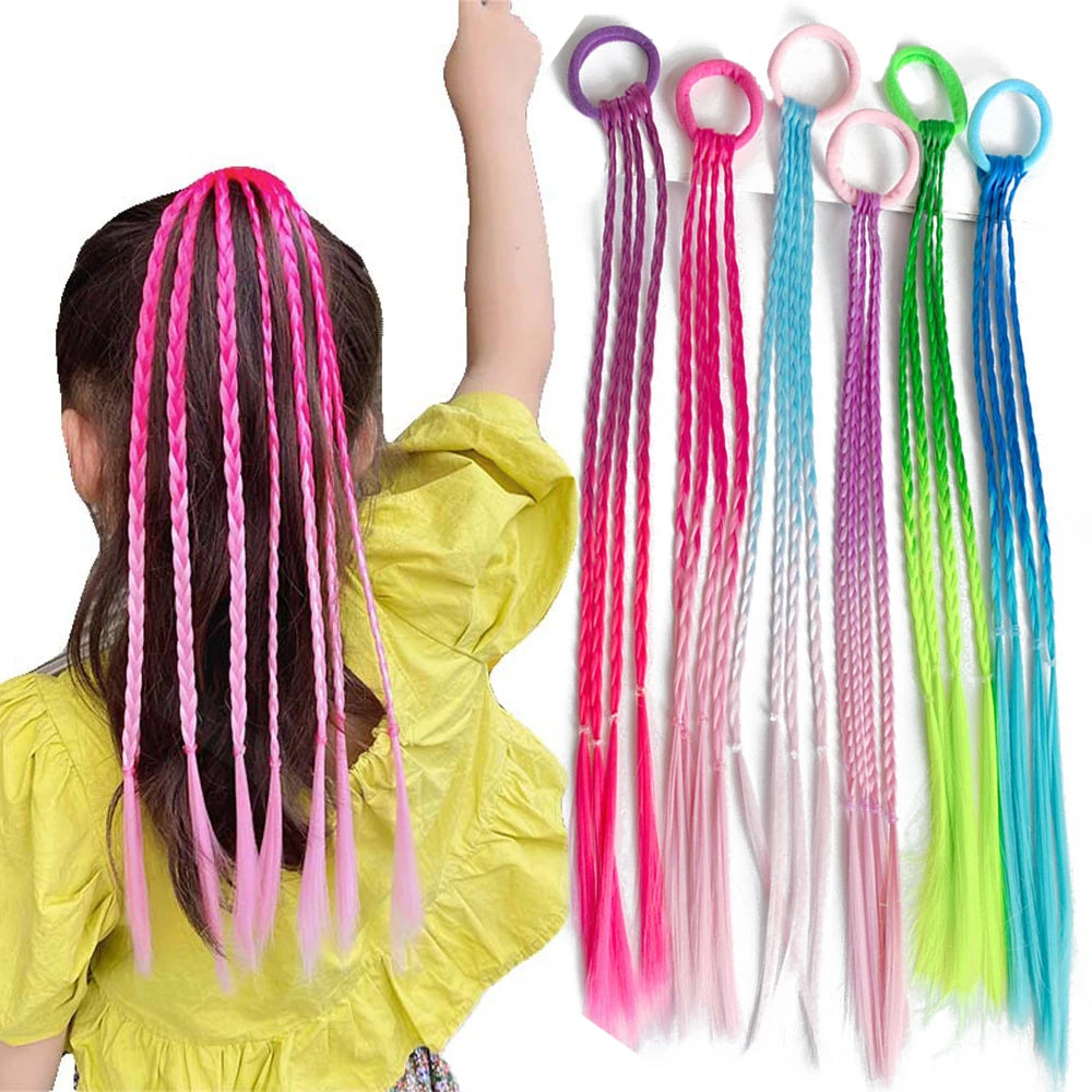 Synthetic Colorful Braids Hair Extensions With Rubber Bands Rainbow