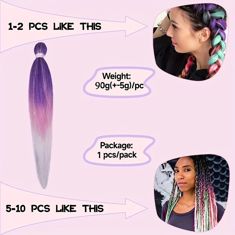 Purple Pink White 3 Tones Ombre Straight Braids Blend Hair Tinsel