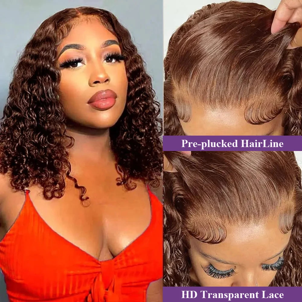 200% Density #4 Dark Brown Bob Wigs Water Wave 13x4 Lace Frontal Wigs