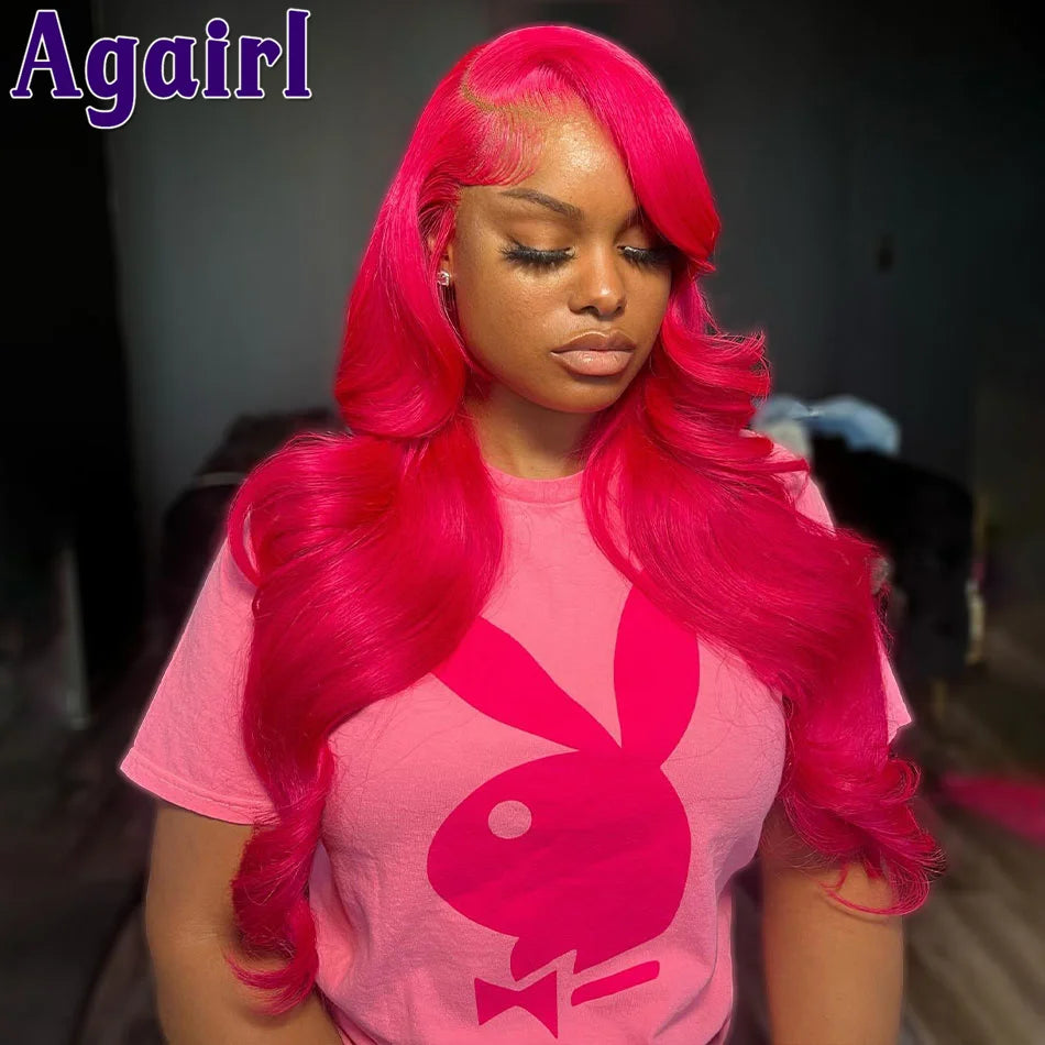 Rose Pink 13X4 Glueless Lace Frontal Body Wave Wig Transparent 13x6