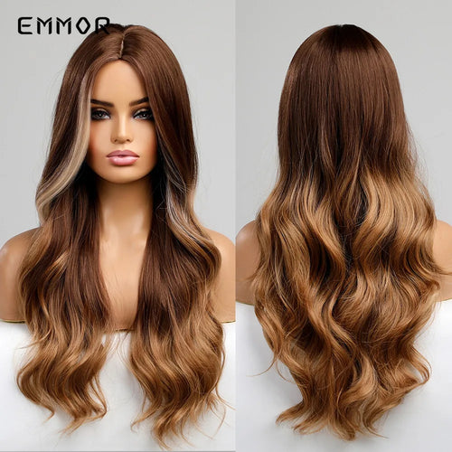 Emmor Ombre Black to Light Blonde Hair Wig Synthetic Long Wavy Wigs