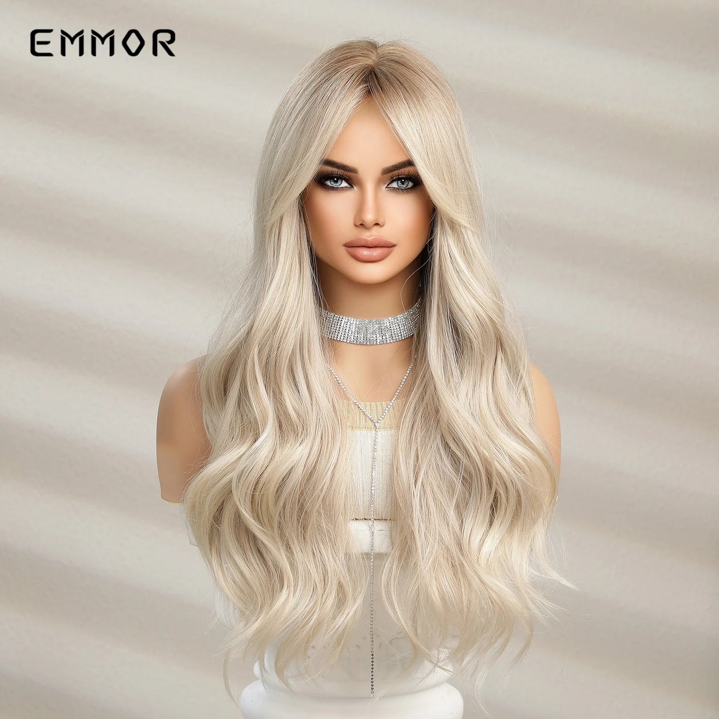 Emmor Ombre Black to Light Blonde Hair Wig Synthetic Long Wavy Wigs