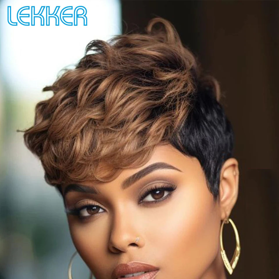 Lekker Wear to go Highlight Gold Brown Short Pixie Cut Human Hair Wigs