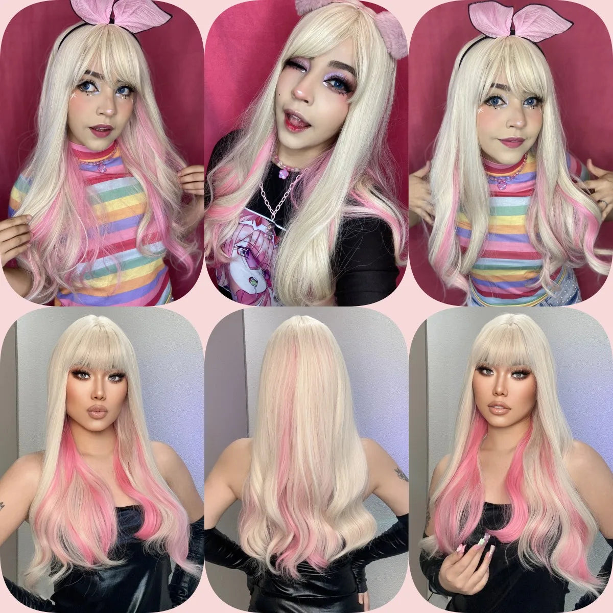 Synthetic Pink Platinum Blonde Cosplay Wig With Bangs Long Wavy