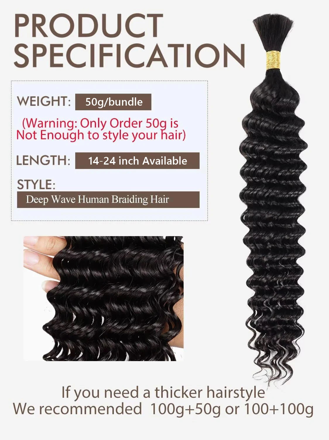 Human Braiding Hair 2 Bundle 100g Deep Wave Bulk Human Hair for