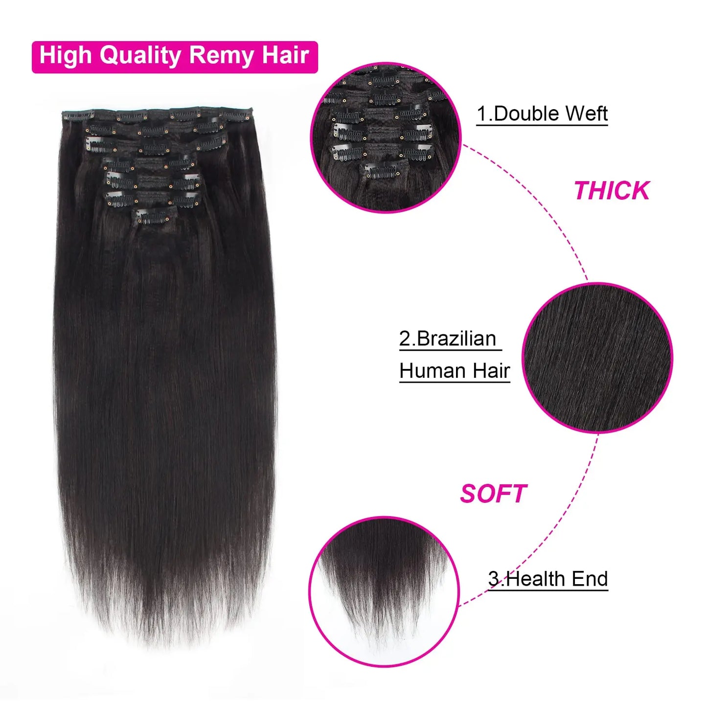 Yaki Straight Clip in 100% Human Hair Extensions Double Weft Straight