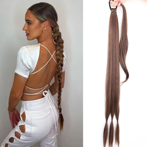 Synthetic Braided Ponytail Extensions Long Black Rubber Band Hairpiece