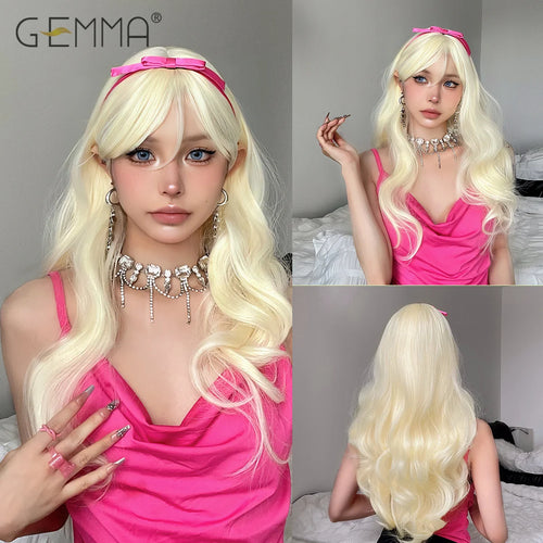 Synthetic Pink Platinum Blonde Cosplay Wig With Bangs Long Wavy