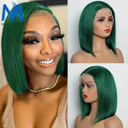 Purple Green Colored Straight Bob Human Hair Wigs for Women 13x4 Lace