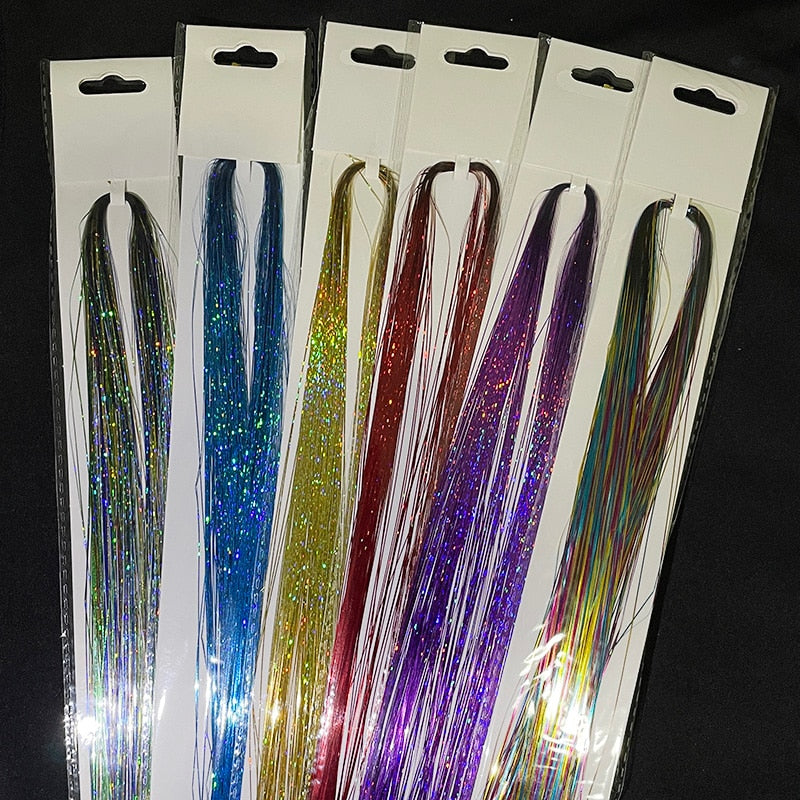 Shiny Sparkle Hair Tinsel 120pcs/lot 90cm Thin Colorful Rainbow Silk