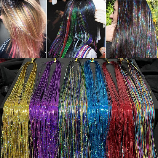 Shiny Sparkle Hair Tinsel 120pcs/lot 90cm Thin Colorful Rainbow Silk