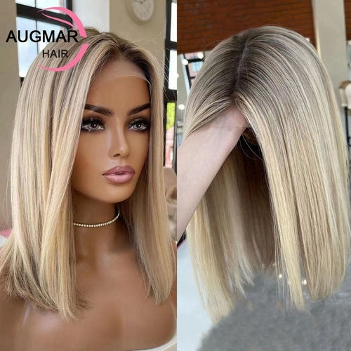 Short Ash Blonde 360 Lace Frontal Wig Brown Highlight Wig Human Hair