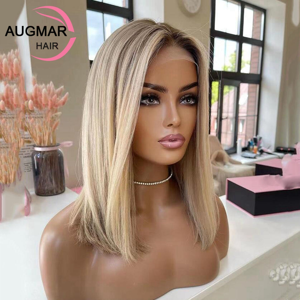 Short Ash Blonde 360 Lace Frontal Wig Brown Highlight Wig Human Hair