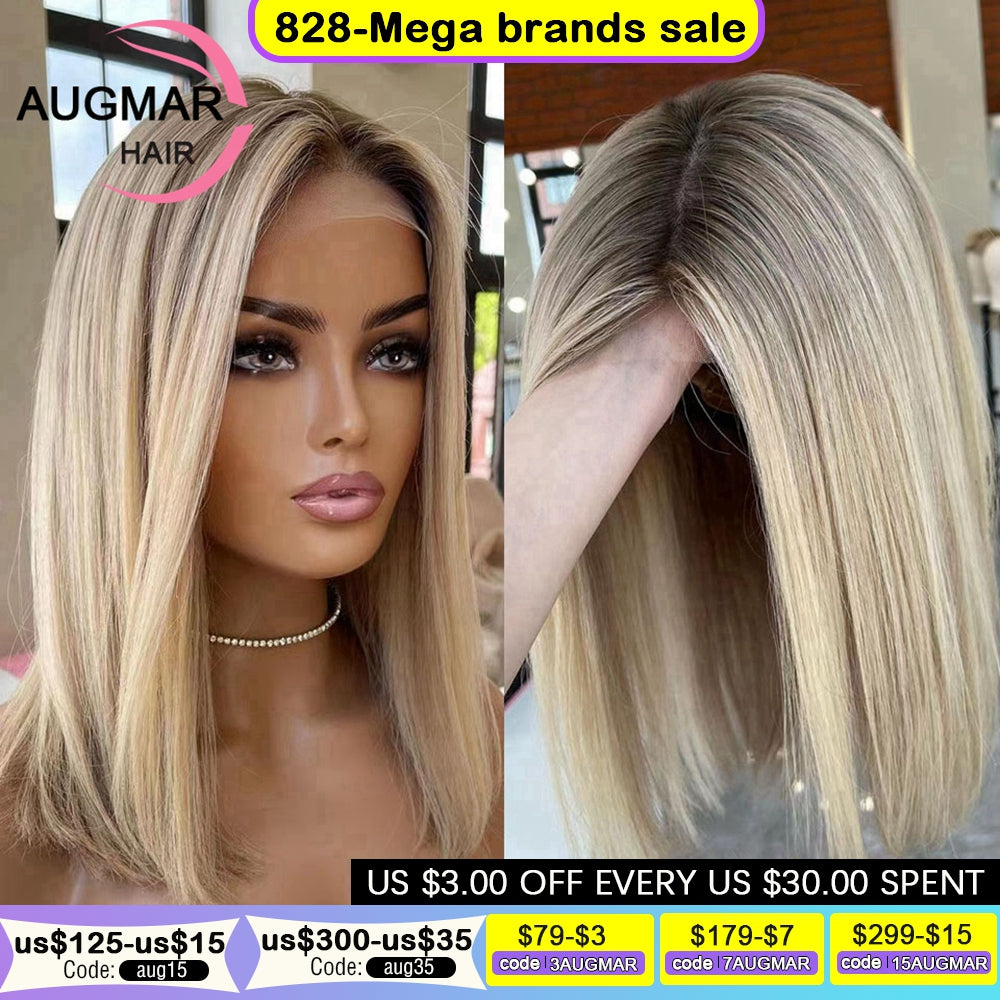 Short Ash Blonde 360 Lace Frontal Wig Brown Highlight Wig Human Hair