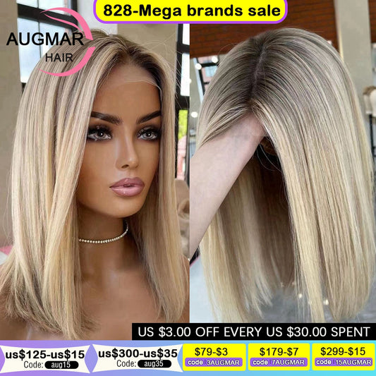 Short Ash Blonde 360 Lace Frontal Wig Brown Highlight Wig Human Hair