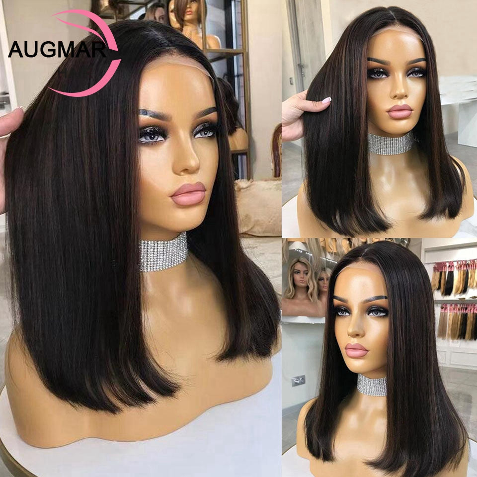 Short Ash Blonde 360 Lace Frontal Wig Brown Highlight Wig Human Hair