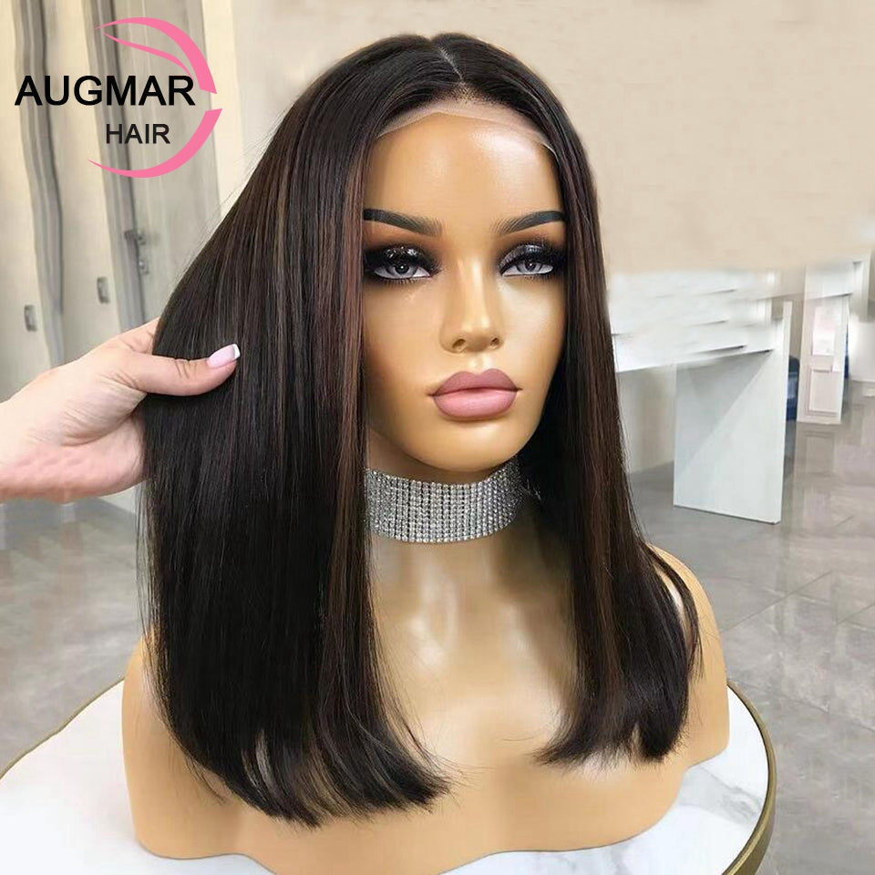 Short Ash Blonde 360 Lace Frontal Wig Brown Highlight Wig Human Hair