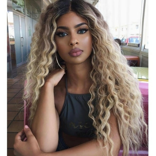 Women's Long Curly Hair Wig Brown Roots Ombre Blonde Curly Wavy Hair