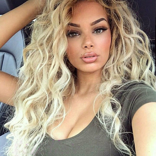 Women's Long Curly Hair Wig Brown Roots Ombre Blonde Curly Wavy Hair