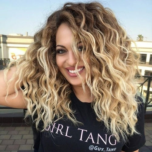 Women's Long Curly Hair Wig Brown Roots Ombre Blonde Curly Wavy Hair