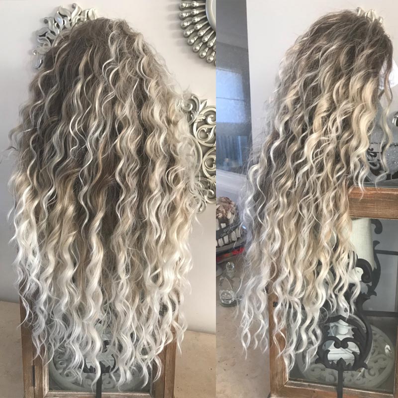 Women's Long Curly Hair Wig Brown Roots Ombre Blonde Curly Wavy Hair