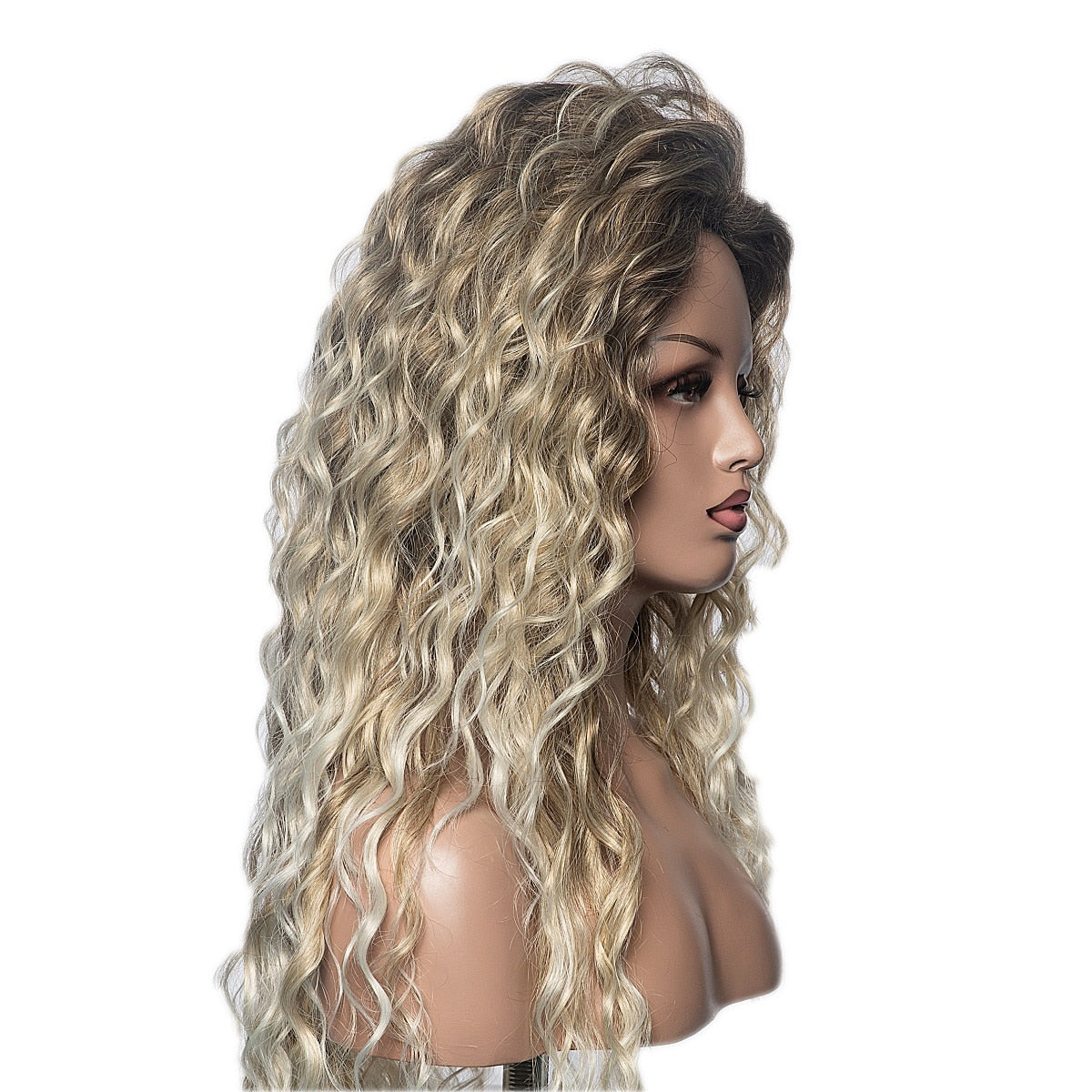 Women's Long Curly Hair Wig Brown Roots Ombre Blonde Curly Wavy Hair